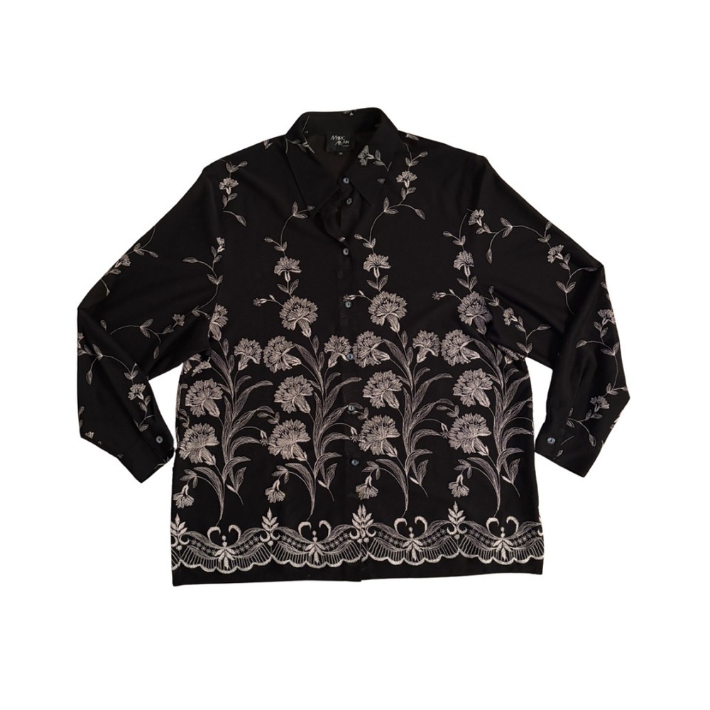 Marc Allen Black Floral Embroidered Button-Up Shirt